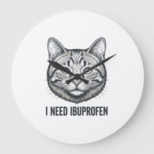 Relógio Grande Gato Engraçado Ibuprofeno Design de Gravura Vintag