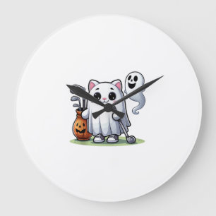 Relógio Grande Gato Fantasma de Golfe Abóbora Halloween. Camiseta
