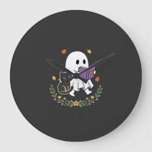 Relógio Grande Gato Fantasma de Halloween Lendo Livro Floral Desi