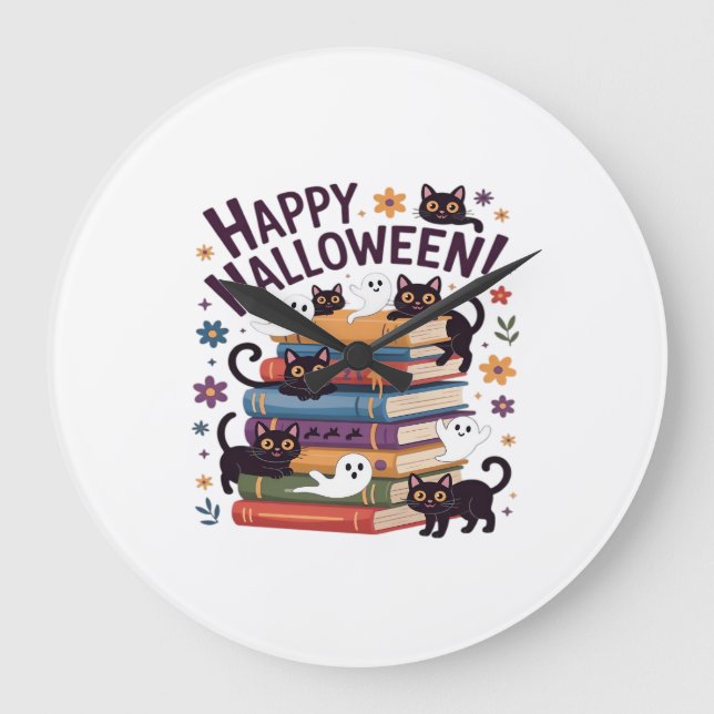 Relógio Grande Gato Fantasma Leitores de Livros Presentes Hallowe (Frente)