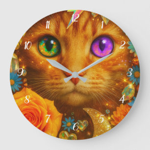 Relógio Grande Gato Floral dos Sonhos com Olhos de Arco-íris Míst