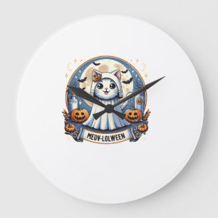 Relógio Grande Gato Fofo Meow-lolween em Fantasia de Fantasma Hal