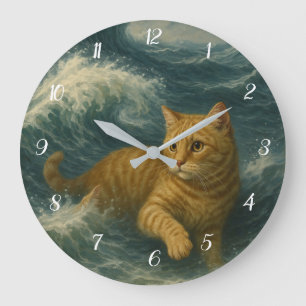 Relógio Grande Gato Gengibre Corajoso Montando Ondas do Oceano
