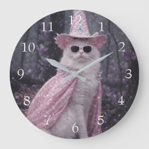 Relógio Grande Gato Mágico Feiticeiro em Capa e Chapéu Rosa Brilh