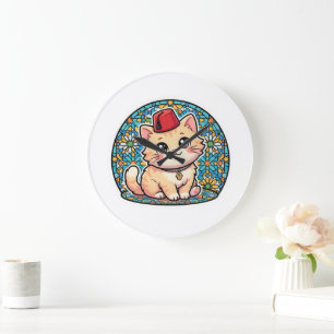 Relógio Grande Gato Marroquino Kawaii Fofo com Chapéu Fez Tarbous