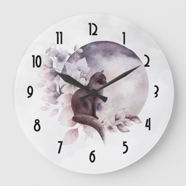 Relógio Grande Gato Negro por uma Lua Mágica Cheia (Frente)