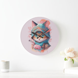 Relógio Grande Gato Ninja de Cubo de Aquarela