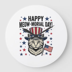 Relógio Grande Gato Patriótico Dia Meow-morial Vintage Vector Des
