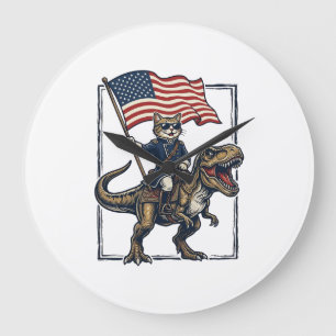 Relógio Grande Gato Patriótico Montando Dinossauro Design Vetoria
