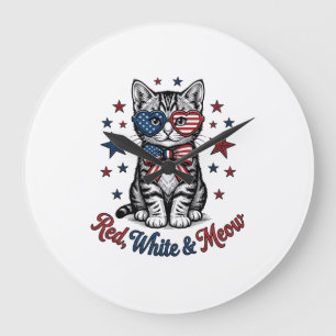 Relógio Grande Gato Patriótico Vermelho Branco e Meow Design Vint