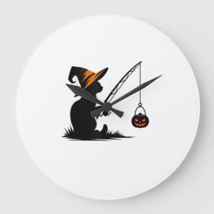 Relógio Grande Gato Pescando Abóbora Fantasia de Halloween Amante