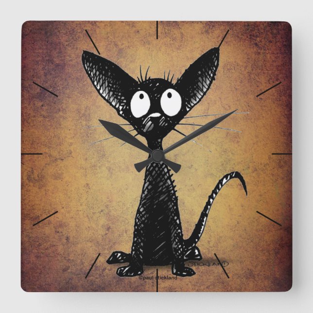 Relógio Grande Gato preto de desenho engraçado (Frente)