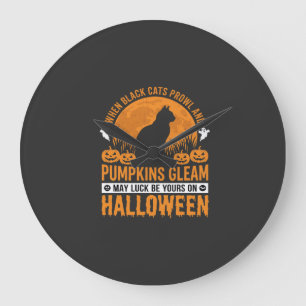 Relógio Grande Gato Preto de Halloween Desenho de Abóbora Lua_1