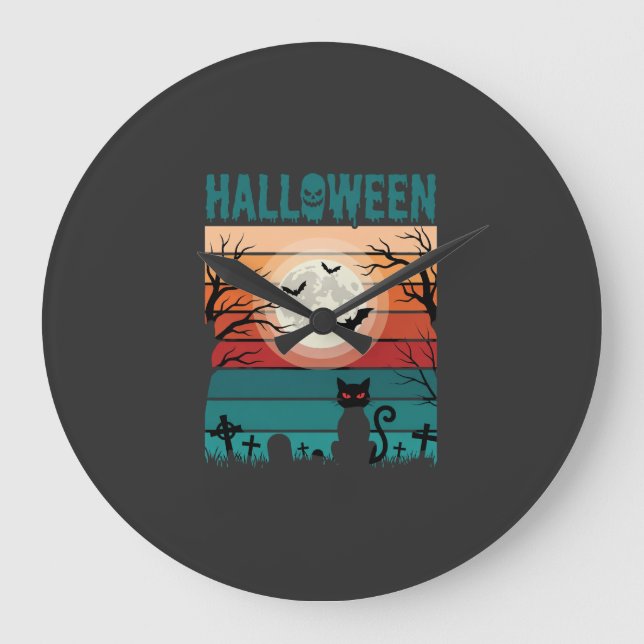 Relógio Grande Gato Preto De Halloween Lua Cemitério Retro Vetor  (Frente)