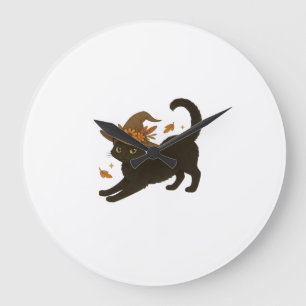 Relógio Grande Gato Preto Esticado � Camiseta Clássica de Outono