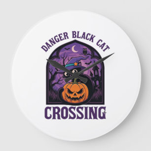 Relógio Grande Gato Preto Perigoso Cruzando Abóbora de Halloween