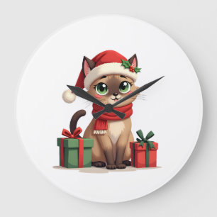 Relógio Grande Gato Siames Natal Férias Papai Noel Gato Siames Na