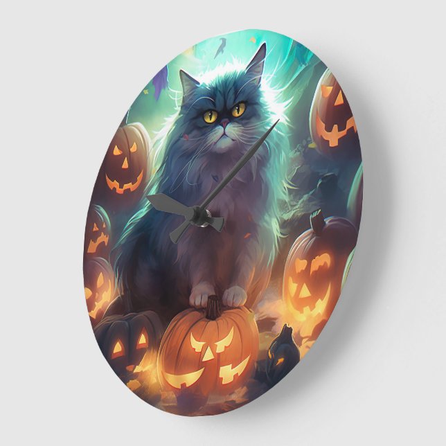 Relógio Grande Gato Siberiano De Halloween Com Pumpkins Assustado (Ângulo)