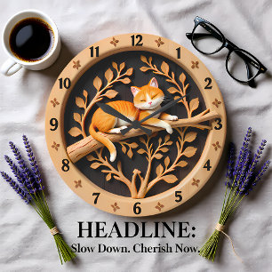 Relógio Grande Gato Tabby Laranja Adormecido Folha