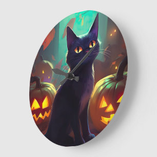 Relógio Grande Gato Tuxedo de Halloween com Abóboras Assustador