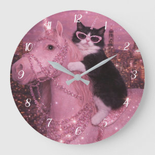 Relógio Grande Gato Unicórnio Glamouroso Sob a Cidade Brilhante