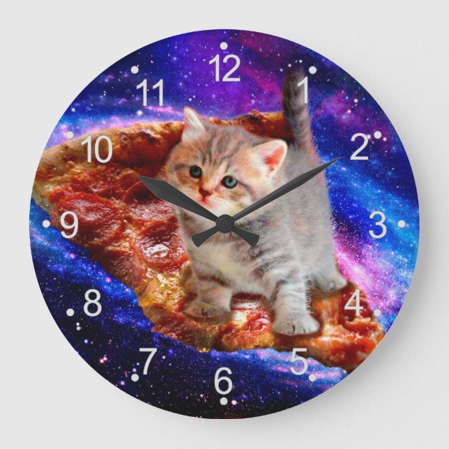 Relógio Grande Gatos em pizza espacial (Frente)