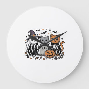 Relógio Grande Gatos Esqueleto Fofos Gravura Vintage de Halloween