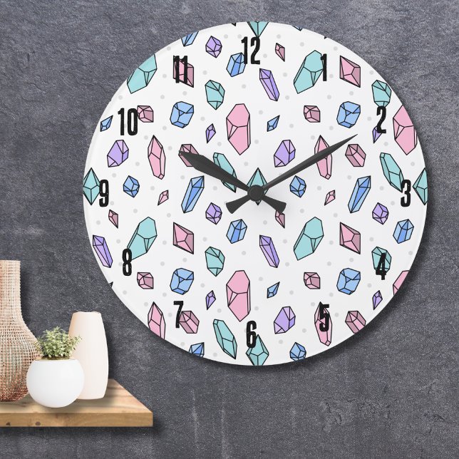 Relógio Grande Gemstones Gemstones Gems Cristal de Trendy Trendy (Cute Trendy Pastel Gemstones Gems Crystal Pattern Large Clock)