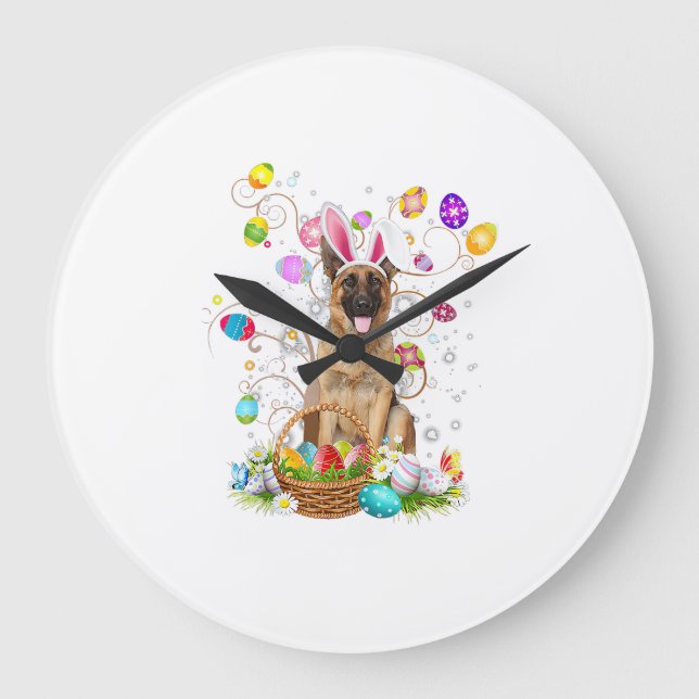 Relógio Grande German Shepherd Dog Easter Egg Hunting Basket East (Frente)