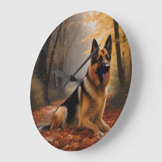Relógio Grande German shepherd no outono Folhas caem inspiração (Ângulo)
