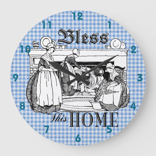 Relógio Grande gingham cheque azul e branco Bless This Home clock (Frente)