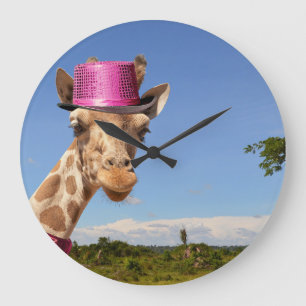 Relógio Grande Girafa de chapéu cor-de-rosa brilhante
