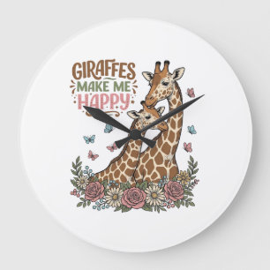 Relógio Grande Girafas Me Fazem Feliz Camisa Vintage Floral Desig