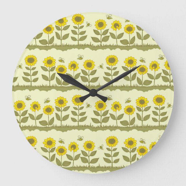 Relógio Grande Girassóis, abelhas, lindos padrões sem costura. (Frente)
