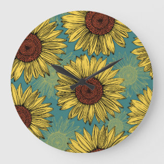Relógio Grande Girassóis Desenhados À Mão Azul