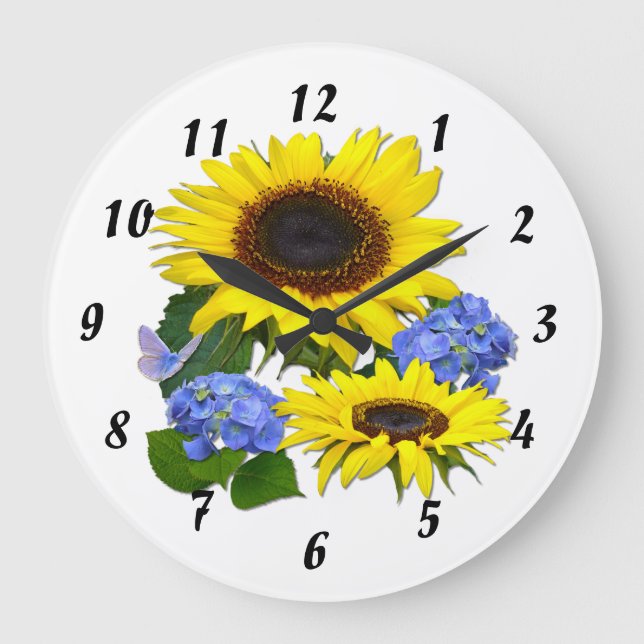Relógio Grande Girassóis Hydrangeas e borboletas azuis (Frente)
