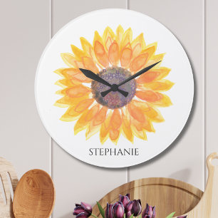 Relógio Grande Girassol Aquarela Personalizado