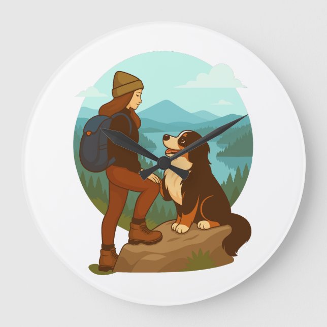 Relógio Grande Girl and Mountain Dog Adventure Illustration (Frente)