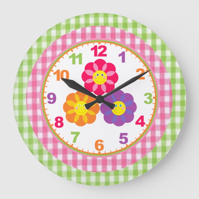 Relógio Grande Girls Gingham Flower Clock com Números (Frente)