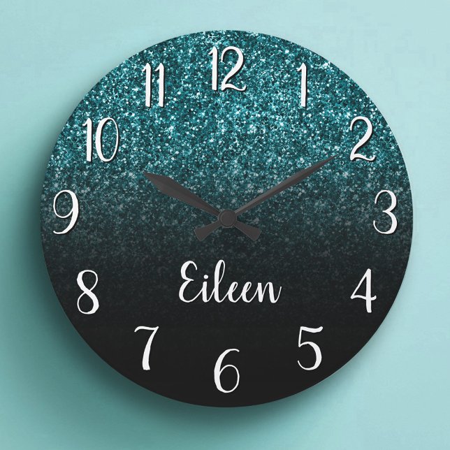 Relógio Grande Girly Brilho Azul Ombre Preto (Girly Teal Glitter Black Ombre Large Clock)