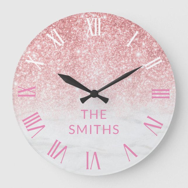 Relógio Grande Glitter e Marble Dourados do Nome da Família Perso (Frente)