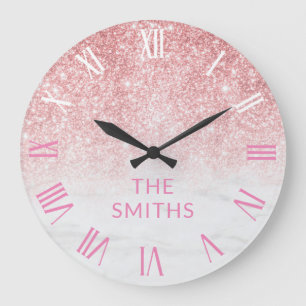 Relógio Grande Glitter e Marble Dourados do Rosa de Nome da Famí