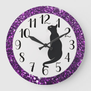 Relógio Grande Glitter roxo e Gato preto