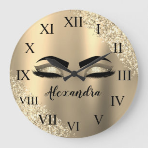 Relógio Grande Glitter Sparkle Eyelashes Dourado Nome do Monogram