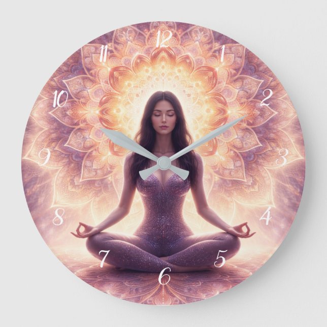 Relógio Grande Glowing Mandala Meditation Woman Custom Name       (Frente)