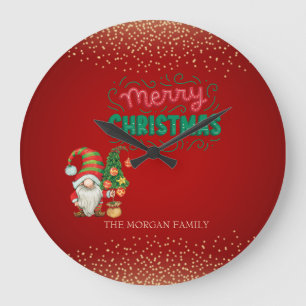 Relógio Grande Gnomo Cinto Árvore Confetti Vermelho Feliz Natal