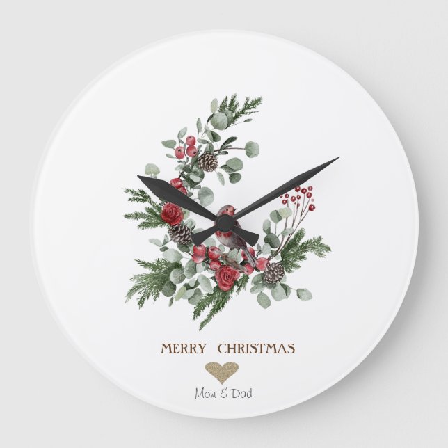 Relógio Grande Gold Heart,Wreath Red Cardinal Christmas    (Frente)