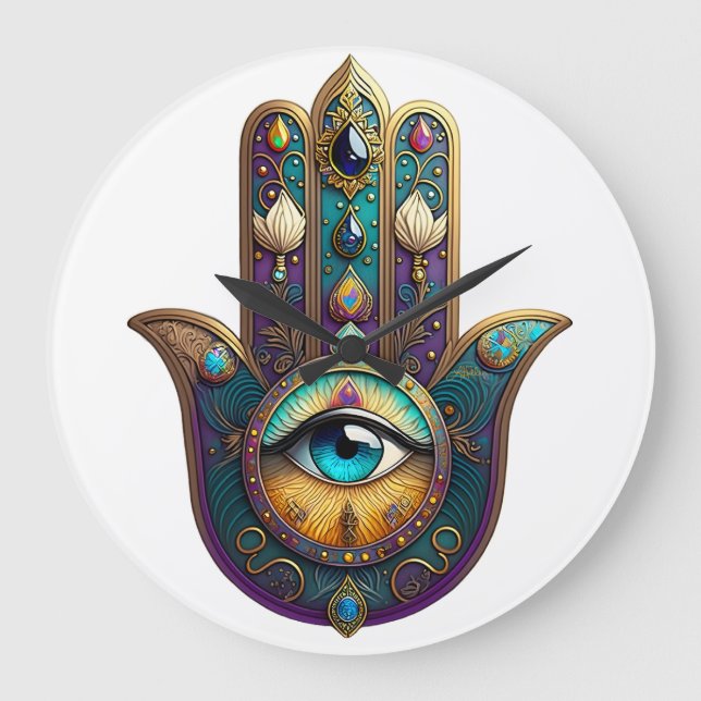 Relógio Grande Gold Violet Teal Hamsa w/ Turquoise Third Eye (Frente)