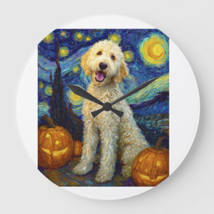 Relógio Grande Goldendoodle Cachorro Fofo Dia das Bruxas Abóbora