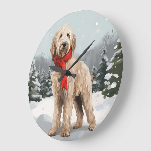 Relógio Grande Goldendoodle Cachorro na Neve Natal  (Ângulo)